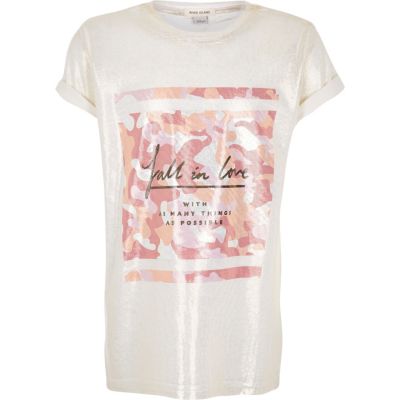 Girls cream shimmery camo print t-shirt